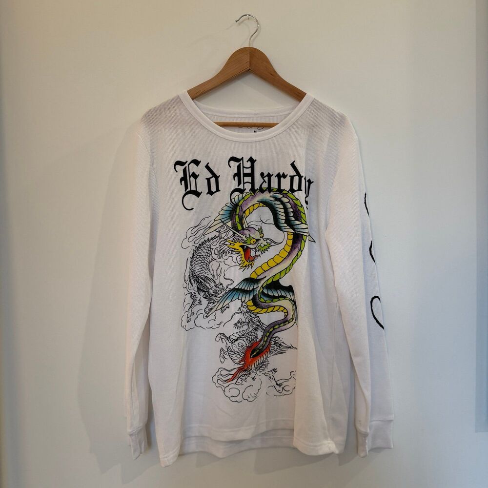 Ed Hardy Dragon Thermal Shirt M White Waffle Knit Y2K Tattoo Graphic